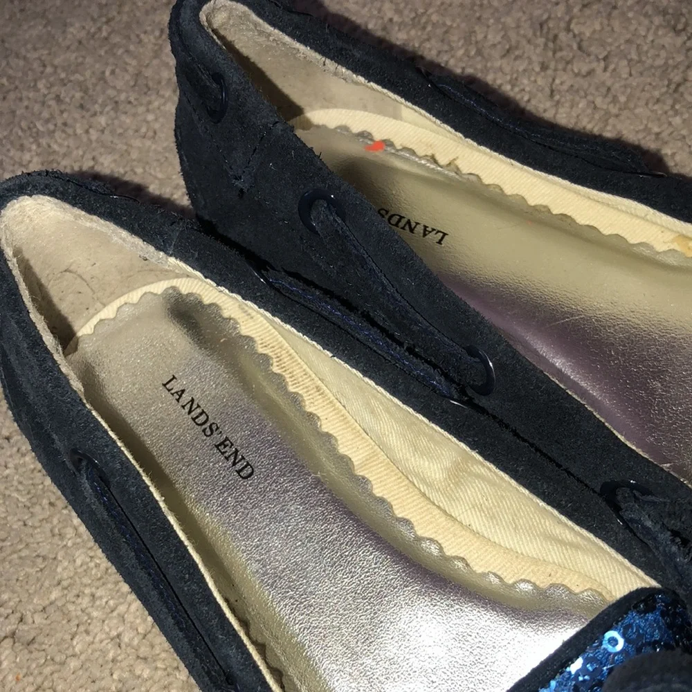 Lands End Holiday Girls toddlers size 11 Sequins Suede Loafers Navy‎ Blue